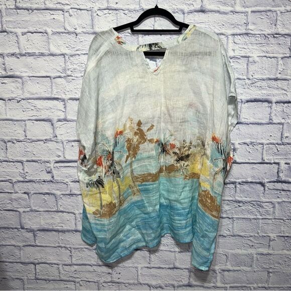 Chico's Scenic Ocean 100% Linen Caftan Blouse Top Beachy Tropical Poncho L/XL - Picture 2 of 10